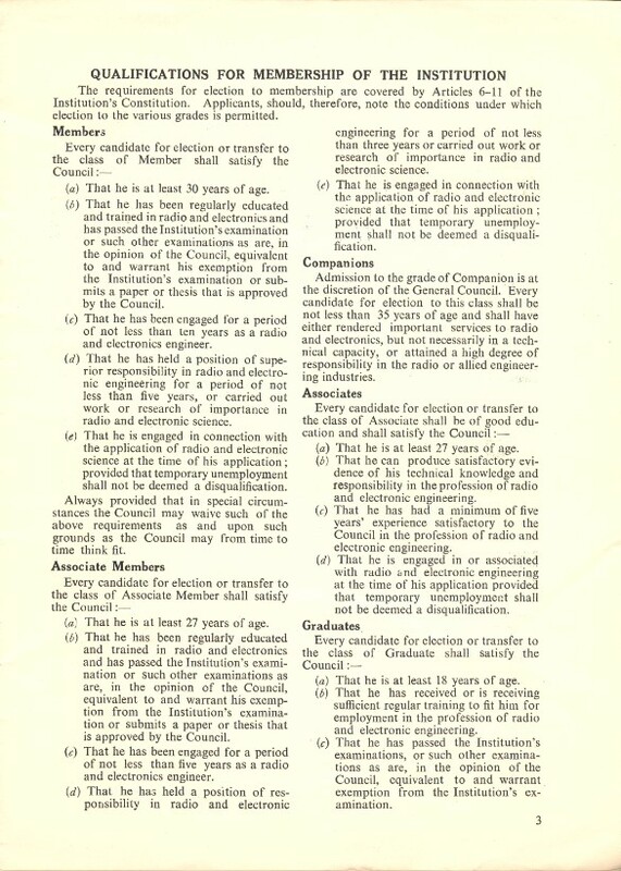 Rules for membership of the Institution of Electronic and Radio Engineering, 1957. Courtesy of the IET Archive.