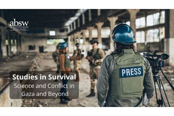 A reporter near a camera, another one interviewing a militar, 2 other militars in the place, a semi destroyed building. Ilustrative image