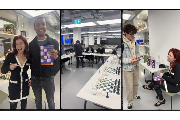 Jennifer Shahade pictured with participants and the simul with 12 players
