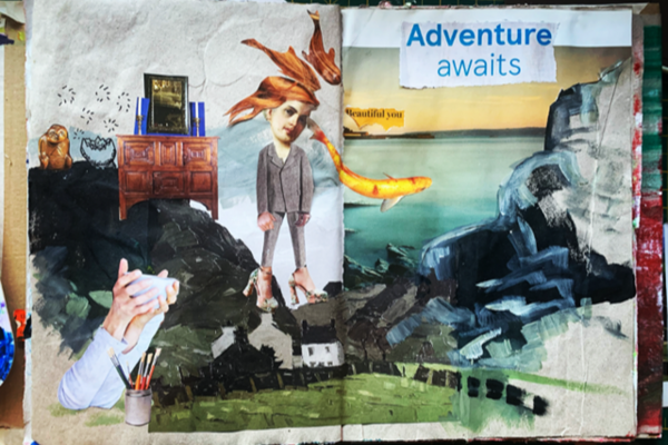 Collage of different images, with 'adventure waits' in type