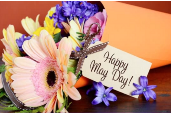 Flowers and tag saying happy May Day