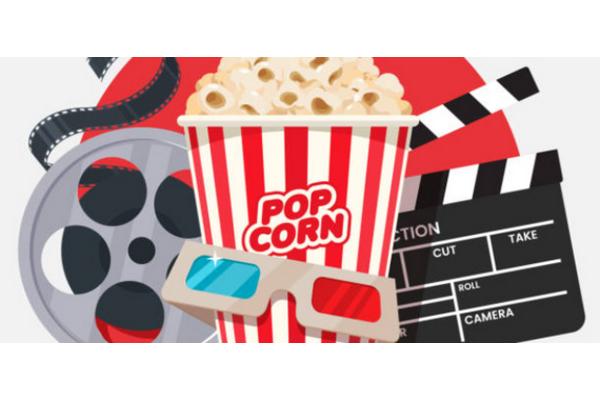  logo for cinema with popcorn, clapper board, 3d glasses and film reel