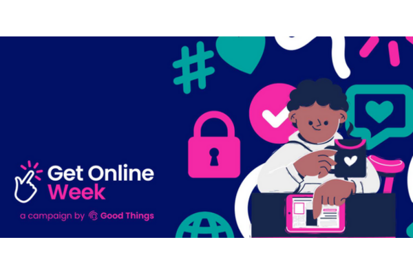 poster for get online week showing boy having a cuppa and using a tablet