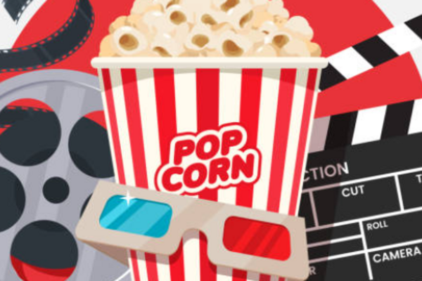  logo for cinema with popcorn, clapper board, 3d glasses and film reel