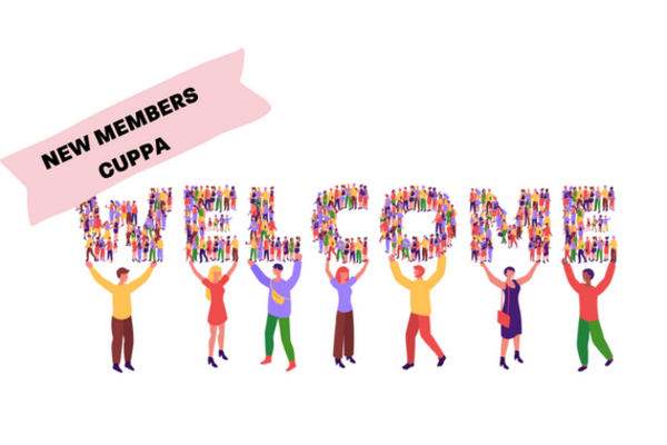 welcome sign made of people held up by people and banner saying new members cuppa