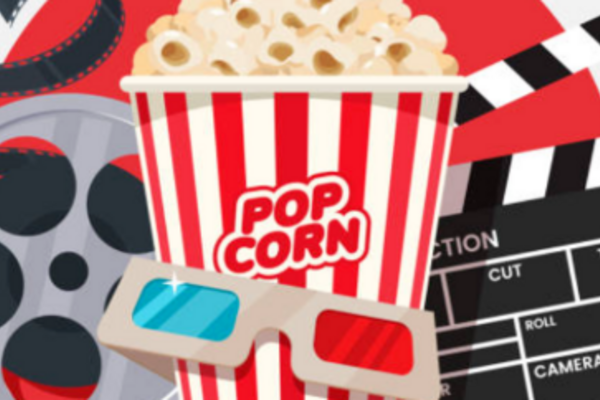  logo for cinema with popcorn, clapper board, 3d glasses and film reel