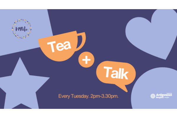 Speech bubbles with tea and talk text inside