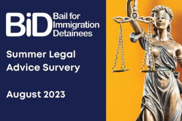 Lady justice on a yellow background with writing that says Summer Legal Advice Survey August 2023