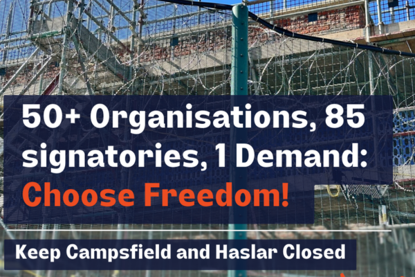 An image of barbed wire with text overlay reading "50+ organisations, 85 signatories, 1 Demand: Choose Freedom! Keep Campsfield and Haslar Closed