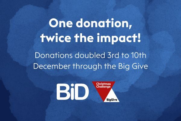 A background of different shades of blue layered like clouds has this text overlaid: One donation, twice the impact!