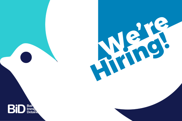 White bird on a mixed blue background with words reading we're hiring!