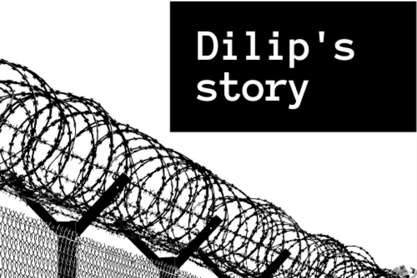 greyscale image of circular barbed wire and fence with a black box in the top right corner that reads 'Dilip's story'