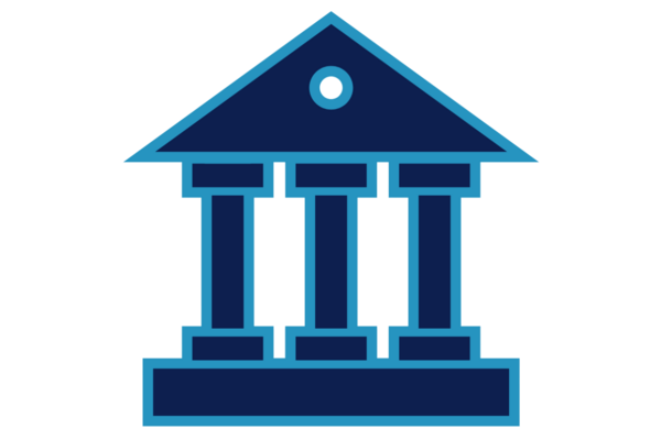 dark blue building with three pillars with a light blue outline
