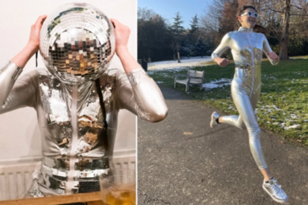 Image is of a woman running dressed up as a disco ball
