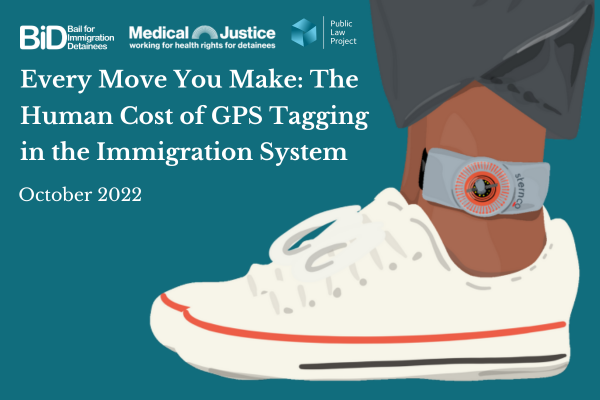 image of an ankle with a GPS tag on the right hand side. Report title on the left reads 'every move you make the human cost of GPS tagging in the immigration system. 