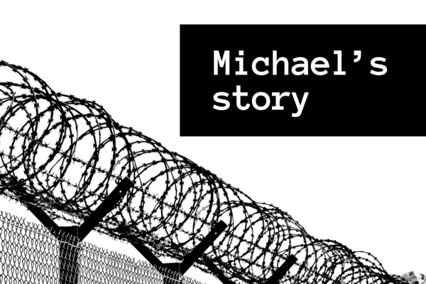 An image of barbed wire with the text Michael's story