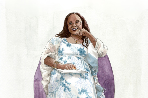 A watercolour illustration of a woman who is smiling while sitting in a purple chair with some papers on her lap.