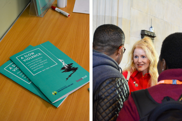 Copies of our 'Slow Violence' reports laid out on a table in one image, and Hannah Spencer MP talking with people from Boaz in the other