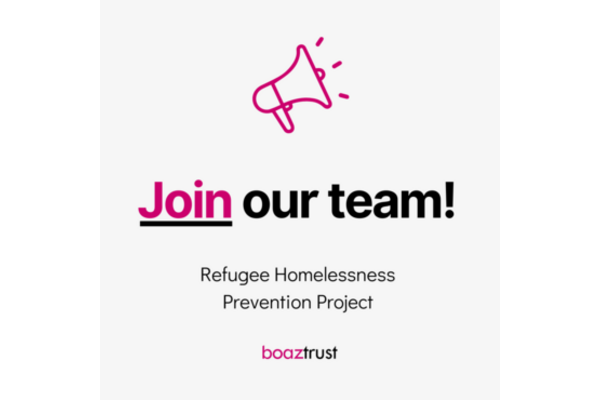 A square image with an icon of a megaphone and text reading "Join our team! Refugee Homelessness Prevention Project"