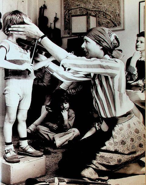 Helen Brunner in her studio in 1974. The child on the pedestal is Isaac Stern’s grandson, Nathaniel.  Photo: Enid Wood and Melanie White