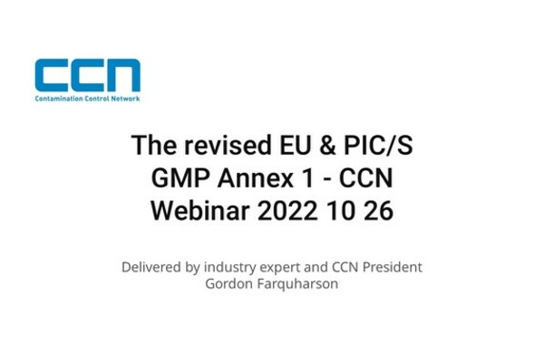 A header page describing the name of the webinar: The revised EU & PICS/S GMP Annex 1 and who delivered it: Gordon Farquharson