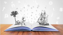 photo of an open pop up book with a ship and pirate and palm tree popping out of it