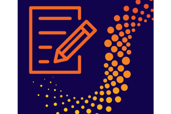 Icon of a piece of paper and pencil in orange in blue background with the Cranfield Trust journey icon of orange dots flowing from the piece of paper, all set on a navy blue background
