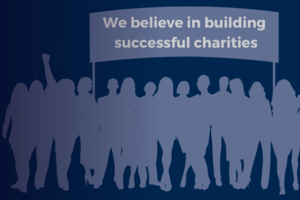 Blue graphic of a group of people holding a banner saying 'We believe in building successful charities'.