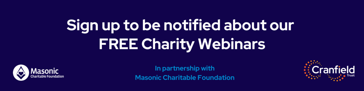 Banner with MCF and Cranfield Trust logo telling people to sign up to free charity webinars.