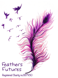 Feathers Future logo which is a purple feather with little purple birds flying out of the feather