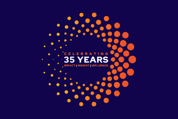 Blue background with a circle of orange dots and the word celebrating 35 Years - Impact - Insight - Influence