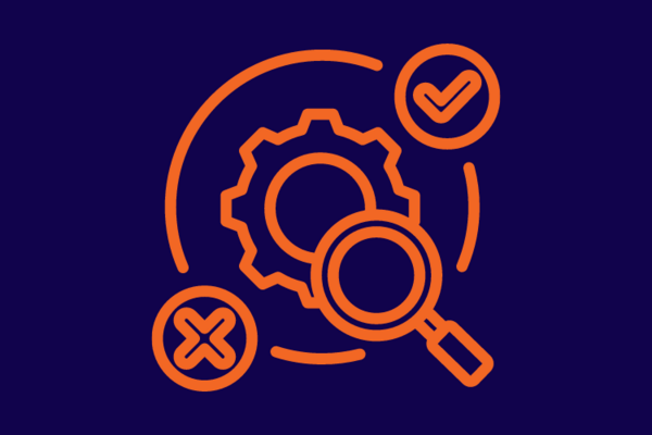 Blue background with orange icon of a cog with cross, tick and magnifying class