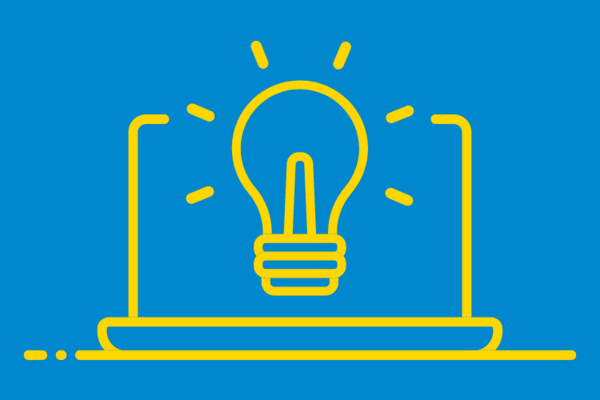 Blue background with a yellow outline of a lightbulb infront of a laptop