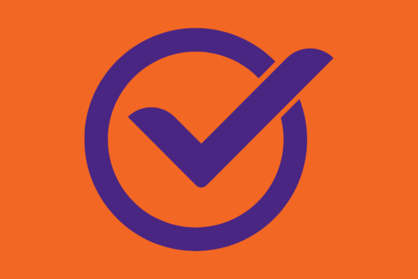 Orange background with a purple tick in a circle