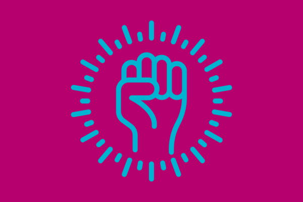 Pink background with a blue graphic of a fist punching the air.
