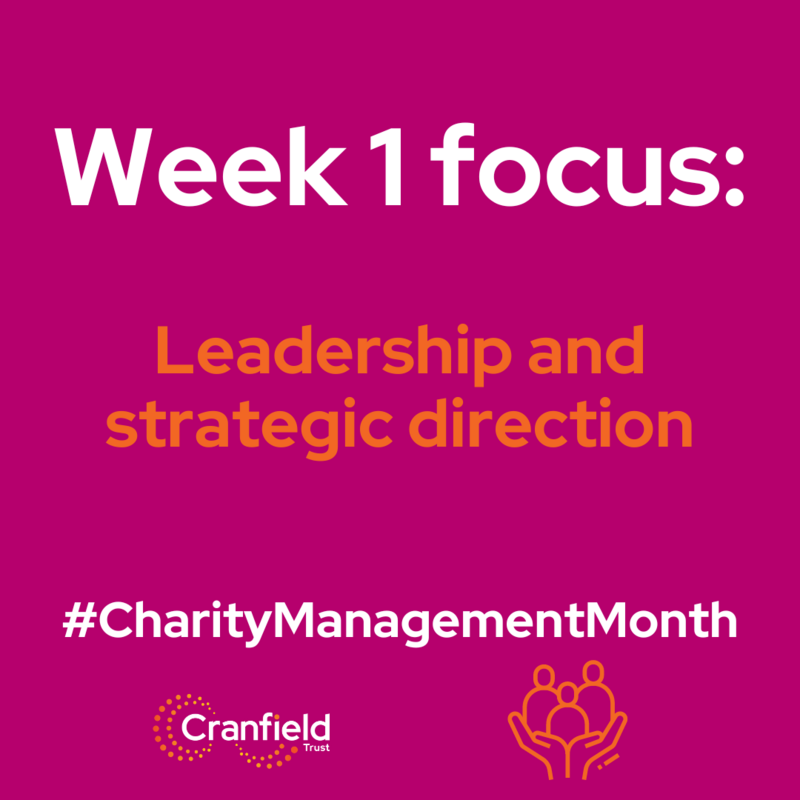 Graphic saying advertising week one of charity management month focus on Leadership and strategic direction.