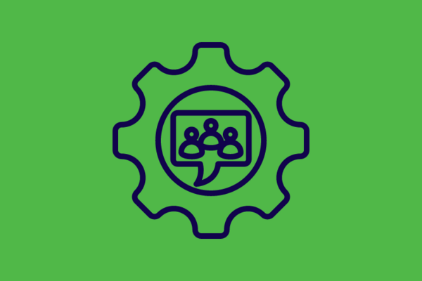 Green background with graphic of a cog and people having a conversation at centre