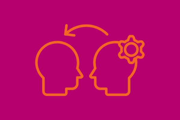 Graphic of two heads facing each other with a cog and arrow illustrating sharing knowledge