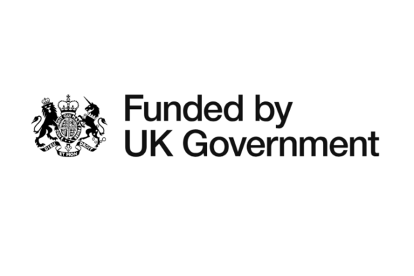 Funded by UK Government logo next to crest of arms, in black and white