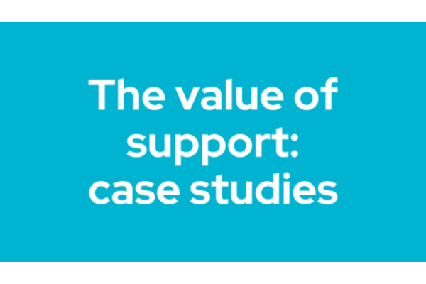 Image with the words 'The value of support colon, case studies' in write on a teal background