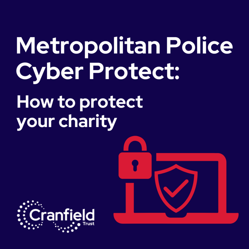 Webinar graphic showing a computer screen with a tick and padlock on it to illustrate cyber security and with the words Metropolitan Police Cyber Protect: how to protect your charity