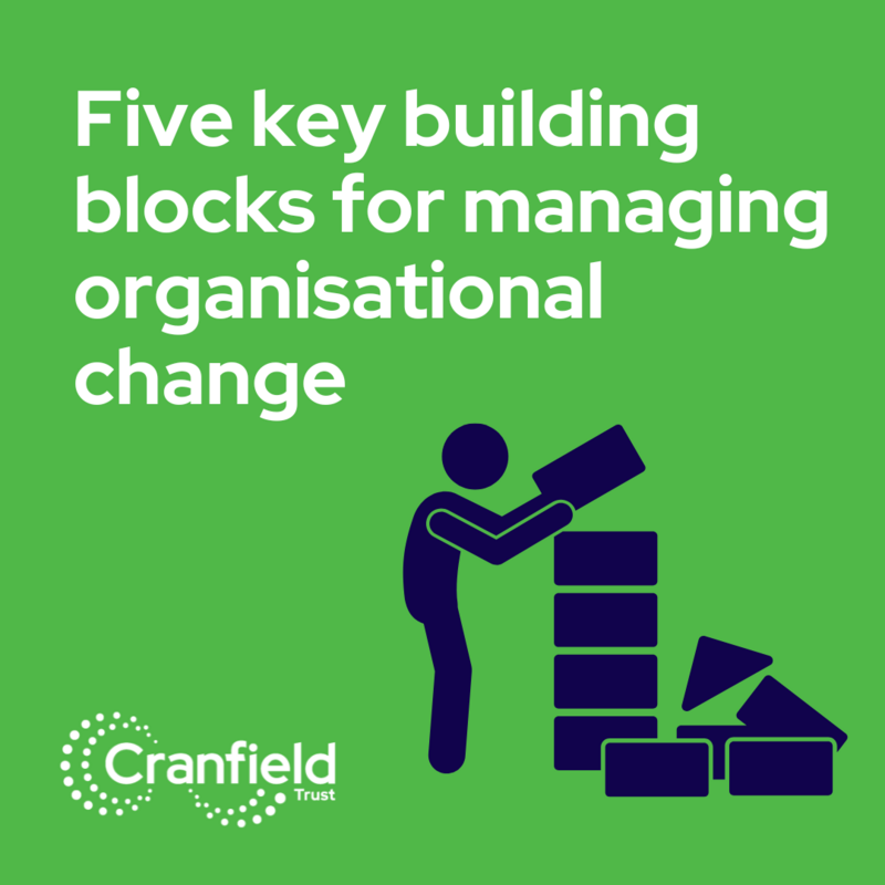 Webinar graphic for 'Five Building Blocks for Managing Organisational Change' written in white on a green background with an image of a stick man putting five blocks on top of each other