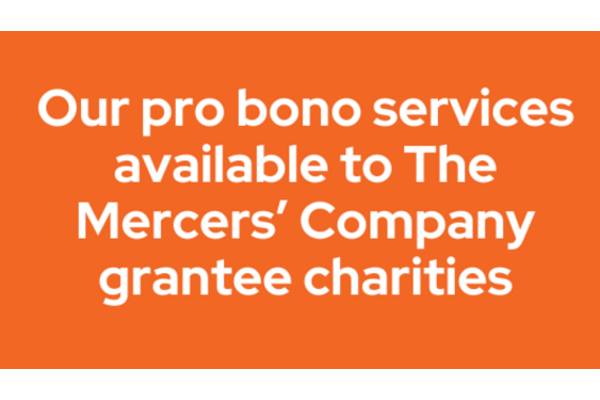 Graphic with the words 'Our pro bono services available to The Mercers' Company grantee charities 