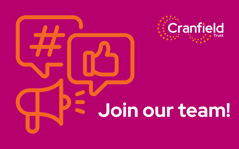 Graphic with three icons to illustrate communications in orange on a pink background, with the words join our team and an exclamation mark