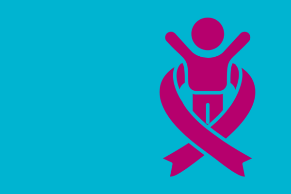 An image of a person with a ribbon wrapped around them. The person and ribbon is pink on a pale blue background