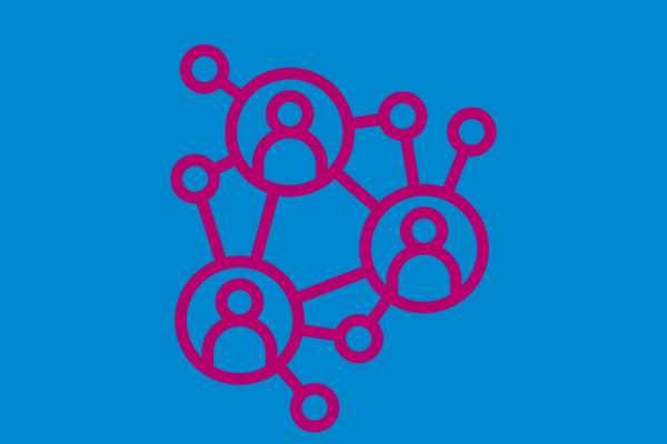 Pink graphic of three people in a circle connected by lines, on a blue background