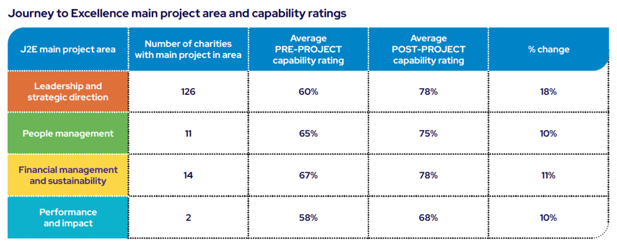 Journey to Excellence main project area and capability ratings table