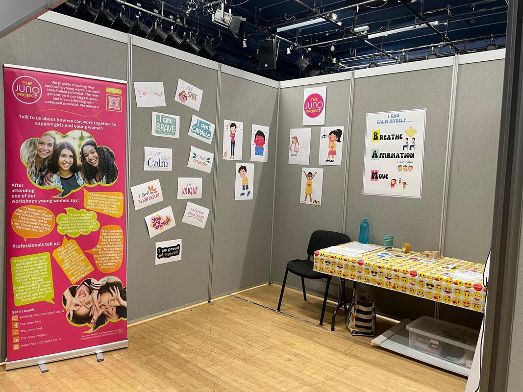 Photo of some exhibition boards and The June Project pop up banner