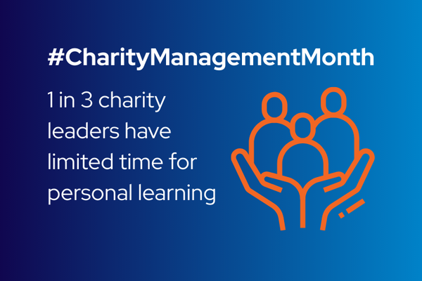Graphic promoting Charity Management Month, with the words in white saying ' 1 in 3 charity leaders have limited time for personal learning' on a blue background. It also includes a graphic of three people being held in the palms of two hands and the Cranfield Trust logo