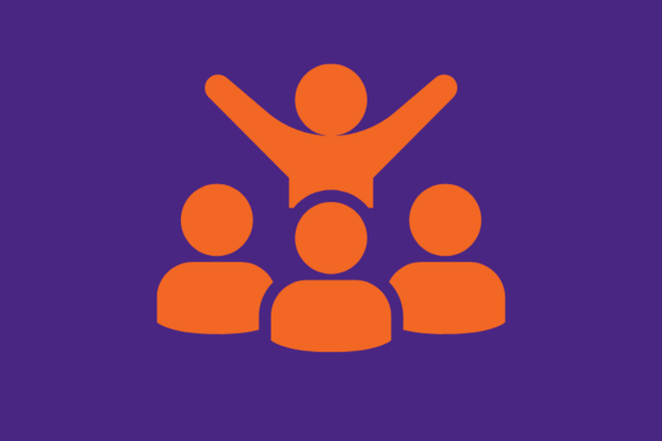 Icon with head and shoulders image of three people and one person stood in front with their hands up, in orange on a purple background